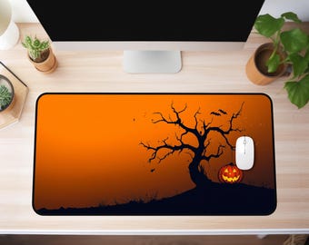 XXL Halloween Mousepad – Minimalist Haunted Tree & Glowing Jack-o&#39;-Lantern, Monochrome Gaming Desk Mat, Gift For Halloween Lovers