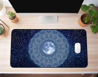 Sacred Geometry Moon Phases Mousepad – Mandala Desk Mat with Constellations, Glowing Silver Lines on Midnight Blue, XXL Mousepad