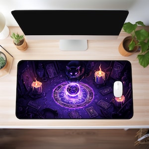 XXL Witchy Black Cat Mousepad – Mystic Crystal Ball & Tarot Design, Large Gaming Desk Mat, Occult Aesthetic, Purple Magic Altar Art