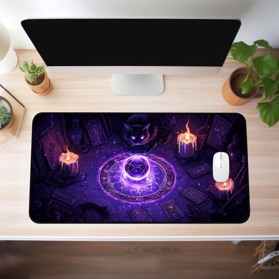 XXL Witchy Black Cat Mousepad – Mystic Crystal Ball & Tarot Design, Large Gaming Desk Mat, Occult Aesthetic, Purple Magic Altar Art