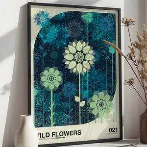 Fiori selvatici - Arte murale astratta / Stampa geometrica semi-lucida di metà secolo da 170 g/m² / Illustrazione di poster di natura con paesaggio minimalista