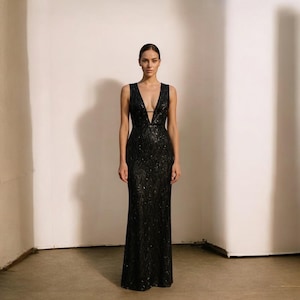Long black beaded & sequins dress, Evening dress, black tie dress,Formal dress, Prom dress, wedding, party dress, wedding guest dress