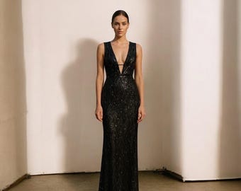 Black Beaded Sequin Evening Gown: Plunging Neckline Formal Dress