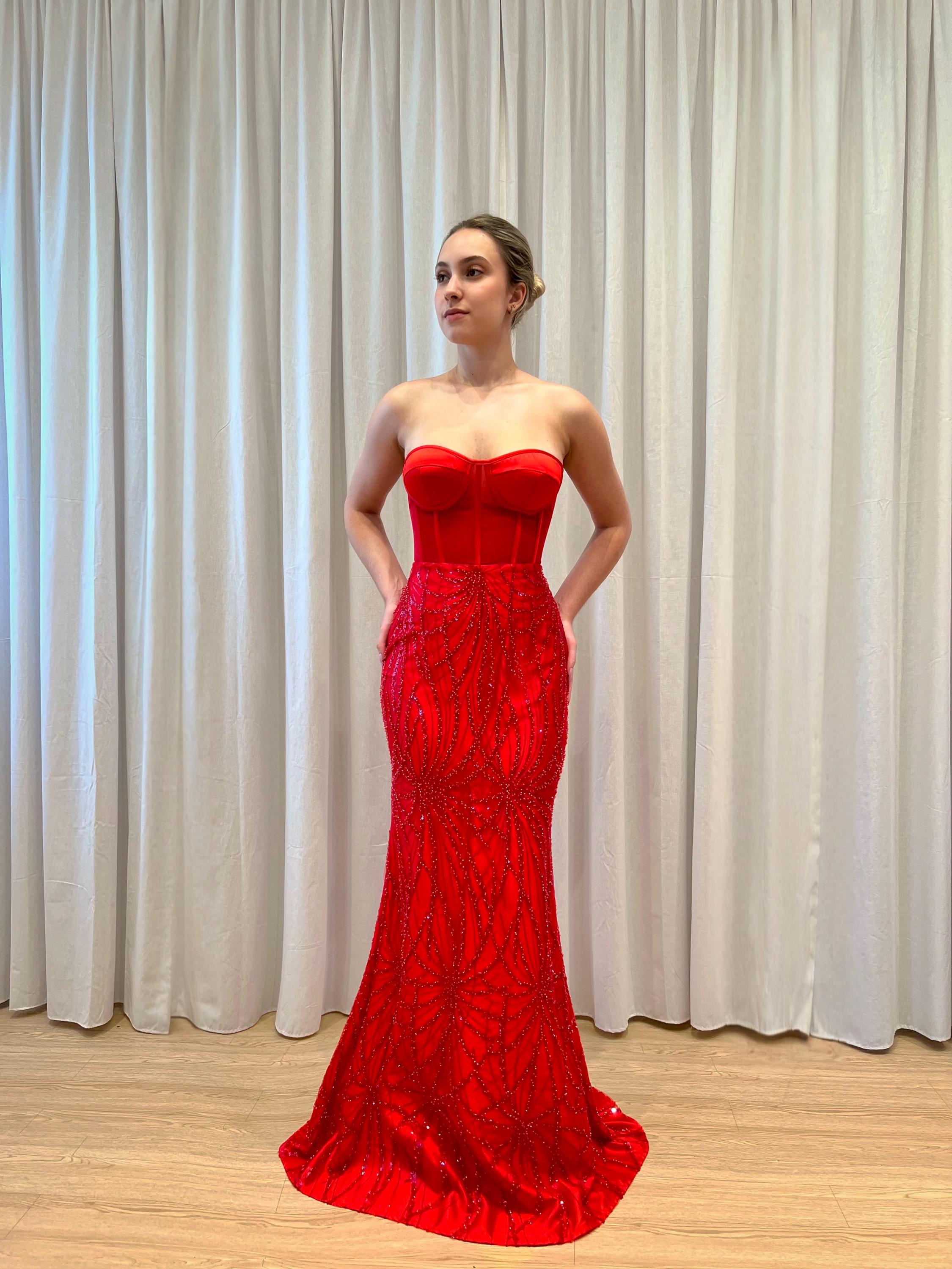 Red Beaded Corset Gown: Strapless Mermaid Beaded Dress - Etsy