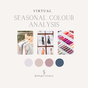 Puede incluir: Una guía de análisis de color estacional virtual con cuatro paletas de colores: azul claro, rosa claro, malva y azul marino. La guía incluye imágenes de ropa y muestras de colores.