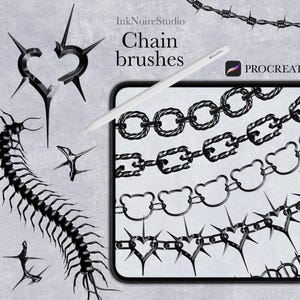 Könnte beinhalten: Digitale Kettenpinsel für Procreate mit verschiedenen Kettendesigns, darunter Glieder-, Bären- und Herzformen. Das Bild zeigt ein Tablet mit den Pinseln, einen Stift und zusätzliche Kettenelemente wie Stacheldraht und einen Stern.