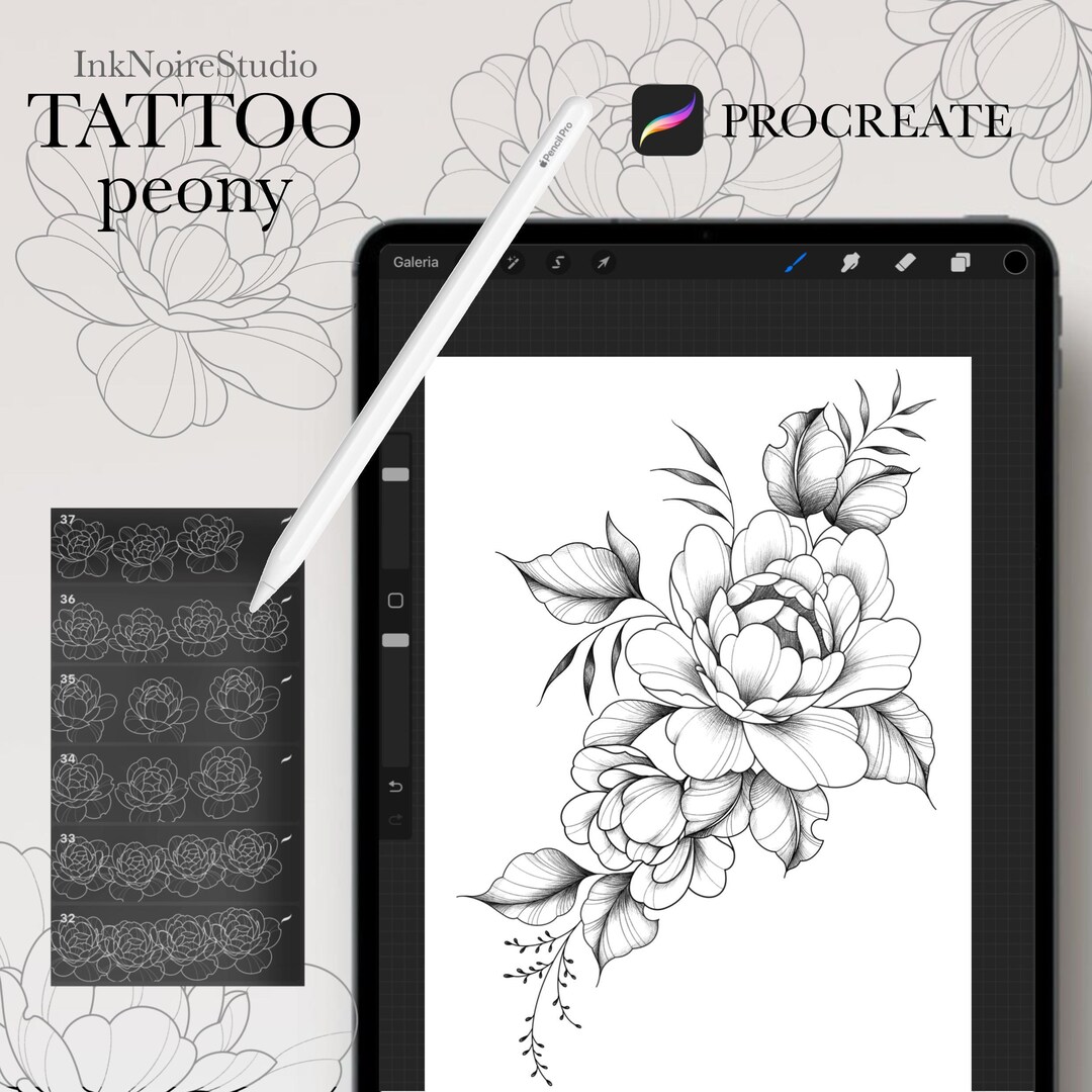 100 Peony Tattoo Stamps for Procreate • Tattoo Brushes • Peony Brushes ...