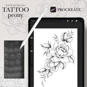 100 sellos de tatuaje de peonía para Procreate • Pinceles para tatuajes • Pinceles de peonía • Uso comercial • Procreate