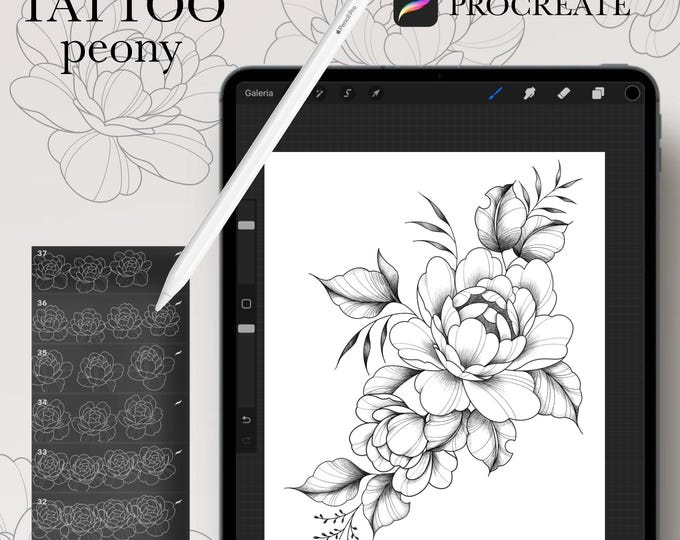 100 Peony Tattoo Stamps for Procreate • Tattoo Brushes • Peony Brushes ...