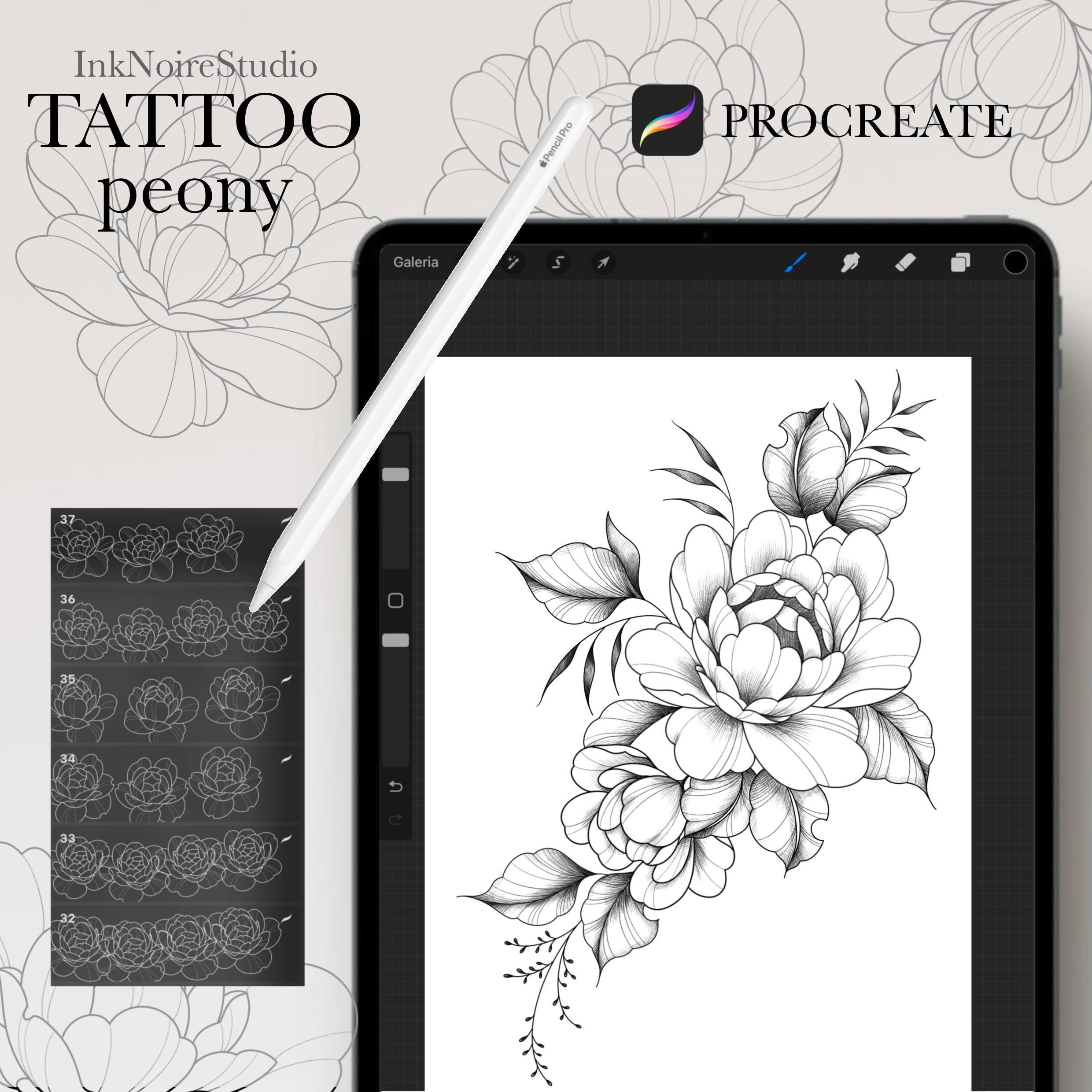 100 Pfingstrosen-Tattoo-Stempel für Procreate • Tattoo-Pinsel • Pfingstrosen-Pinsel • Kommerzielle Nutzung • Procreate