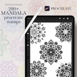 May include: A digital art design featuring a tablet displaying mandala designs. The tablet is accompanied by a stylus. The background includes mandala outlines and the text "200+ MANDALA procreate stamps". The Procreate app logo is visible.