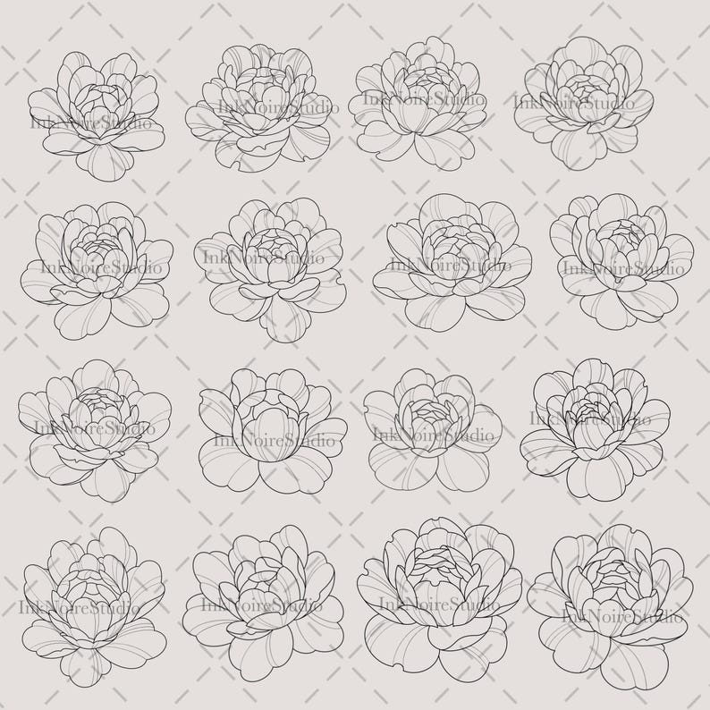 100 Peony Tattoo Stamps for Procreate • Tattoo Brushes • Peony Brushes ...