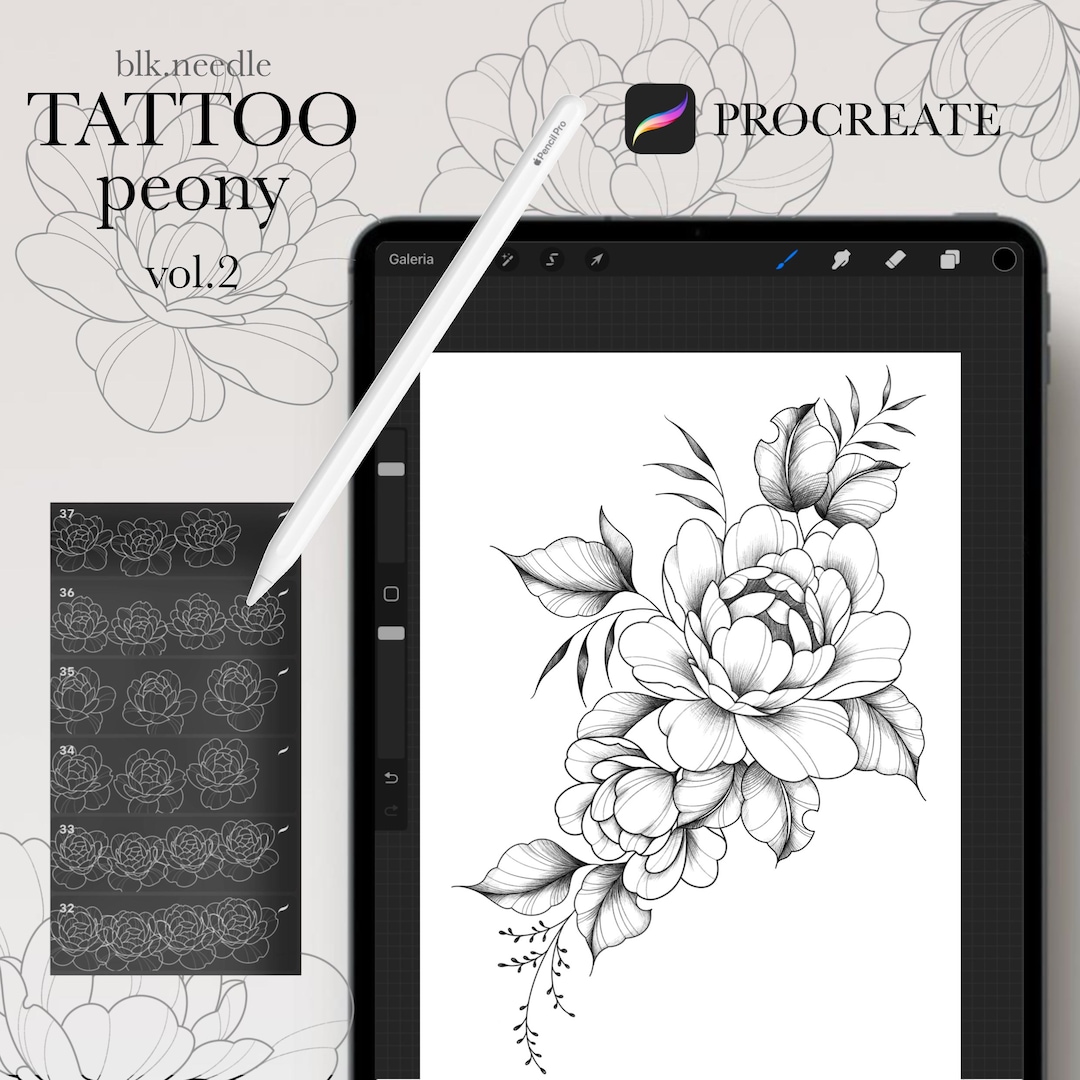 100 Peony Tattoo Stamps for Procreate • Tattoo Brushes • Peony Brushes ...