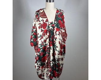 Vintage Red Green Floral Lingerie Slip Dress and Robe Sleep Set Medium 80s 90s