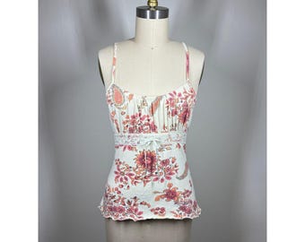 Vintage Y2K Floral Babydoll Cami Tank Medium Paris Blues Lace Cream Pink Fairy