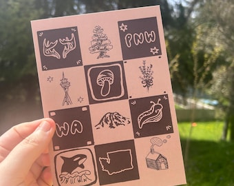 Impresión de iconografía del noroeste del Pacífico del estado de Washington