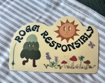 Roam Responsibly Vinyl Sticker – Pine Tree, Sun, Mushroom Design