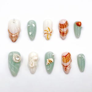 Handmade Beach Press On Nails, French Tip Nails Seashell Summer Nails for Vacation or Party Nails Ocean-Inspired Party Beach Nails Gifts