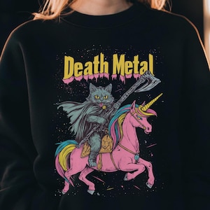 Lustiges Death Metal Katze auf Einhorn Sweatshirt, leichter Rundhalspullover, Katzenliebhaber Geschenk, Cat Lady Top, Tier Grafik T-Shirt, Musik Katze Hoodie