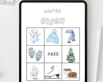 Winter bingo game for kids printable bingo for kids classroom bingo winter theme bingo game cards family bingo for family Christmas party