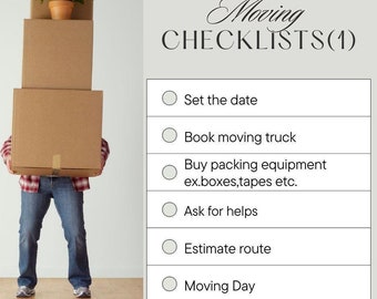 May include: A checklist for moving with six steps: Set the date, Book moving truck, Buy packing equipment, Ask for helps, Estimate route, Moving Day.