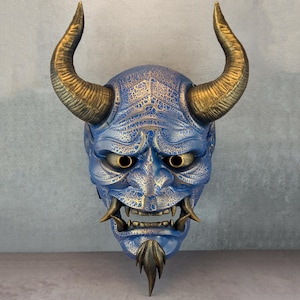 River Demon with a beard, Blue Hannya Mask,Traditional Japanese mask,Hannya Mask,Samurai Mask,Wearable Mask, Demon Mask,Oni Mask, Wall Decor