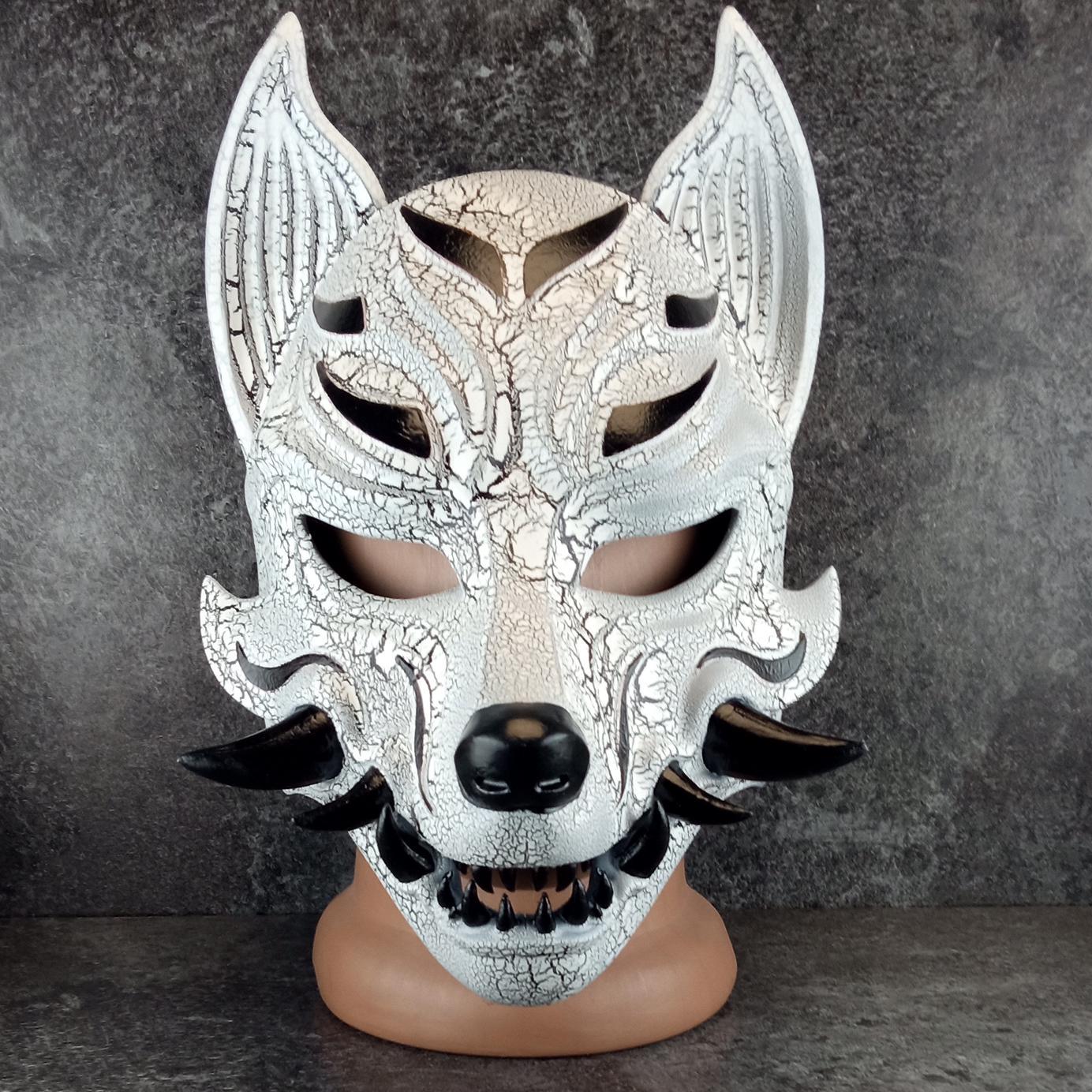 Black and White Okami Mask: Japanese Kitsune Fox Wolf Yokai Mask