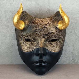 geisha mask - black with gold, female mask with horns, witch mask, Japanese female mask, white mask