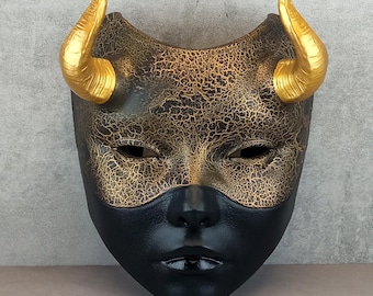 Black & Gold Geisha Mask with Horns:  witch style