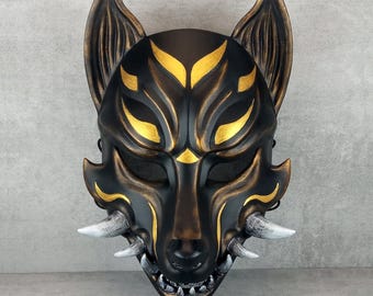 Maschera Okami nera e oro: maschera di lupo giapponese, stile Kitsune