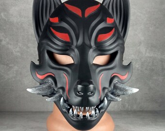 Black Okami Mask, Kitsune Mask, Traditional Japanese Mask