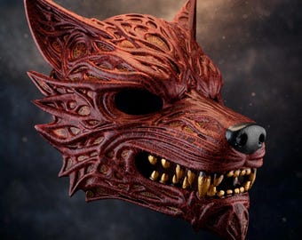 Maschera dello spirito del lupo rosso vulcanico - Copricapo della bestia fusa - Totem biomorfo - Arte indossabile fantasy gotica