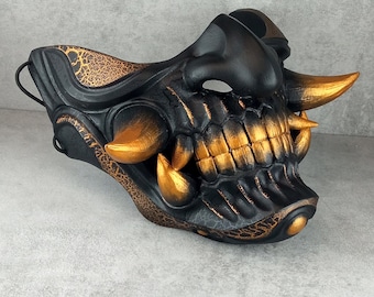 Black & Gold Samurai Hannya Mask: Wearable Oni Kabuki Mask, Wall Decor