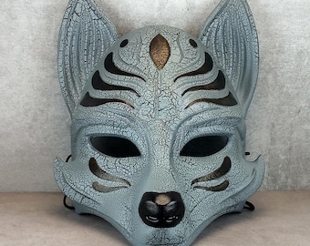 Máscara de Okami Gris Agrietada: Máscara de Lobo Japonesa, Cosplay Youkai, Estilo Kitsune