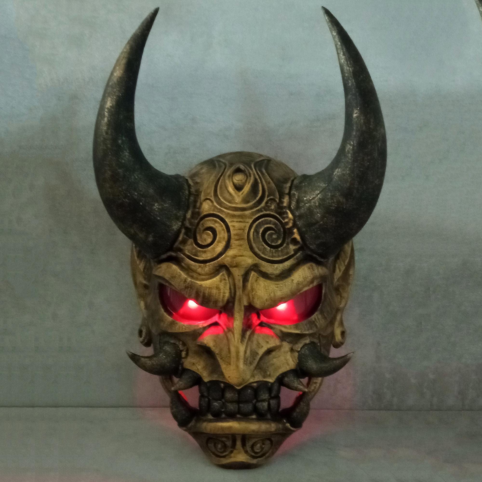 Wearable Golden Oni Mask: Samurai Dagger, LED Lights, Wall Decor