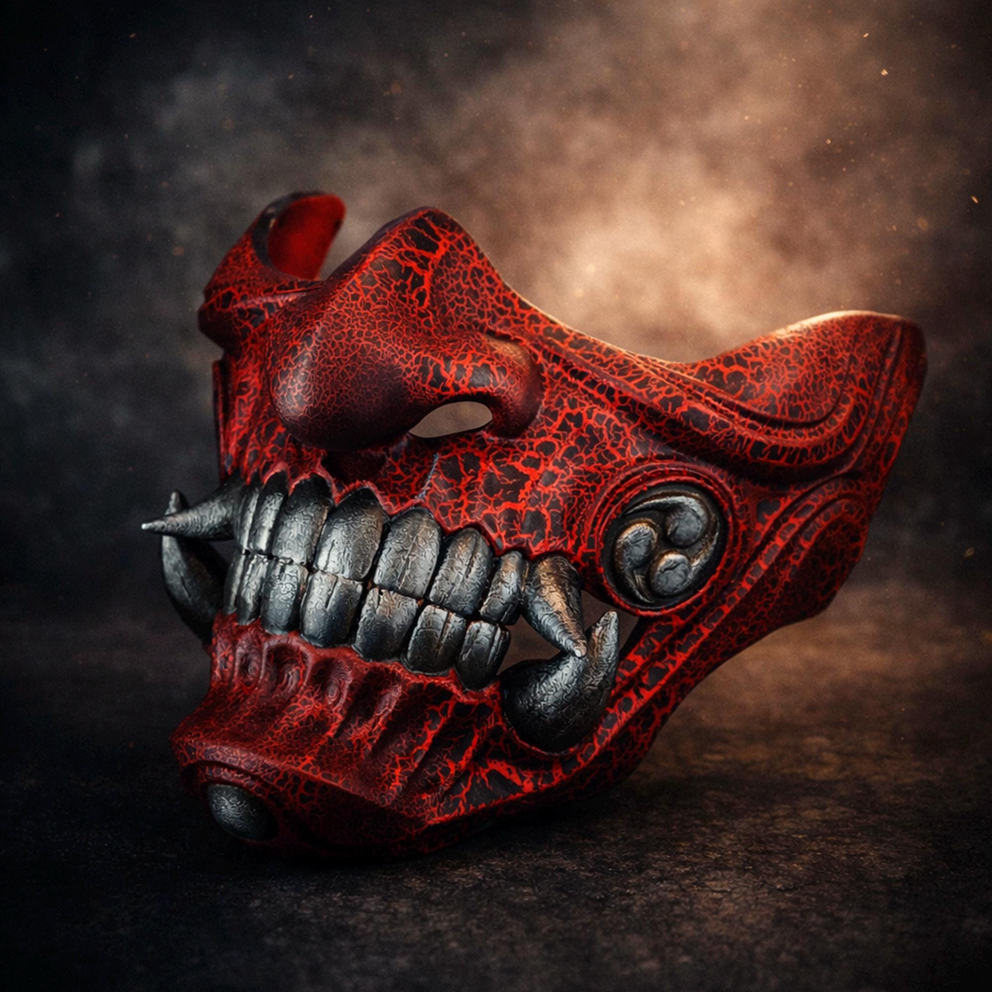 Red Cracked Samurai Mask: Wearable Hannya Oni Mask, Kabuki Decor