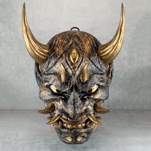 Golden Marble Demon Mask,Traditional Japanese Hannya Mask,  Wearable Mask, Demon Mask, Oni Mask, Wall Decor, Oni Mask with Rope