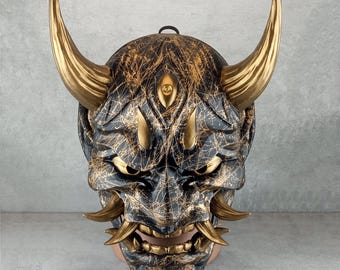 Golden Marble Oni Mask: Traditional Hannya, Wearable Wall Decor