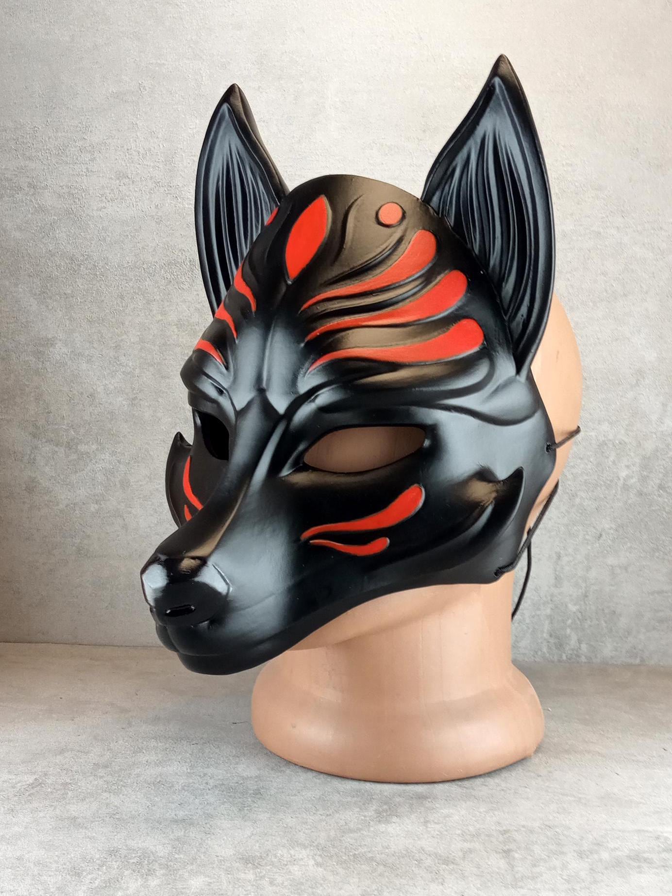 Black Okami Mask, Black Kitsune Mask, Traditional Japanese