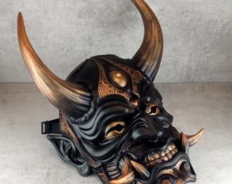 Máscara Hannya de bronce agrietado: demonio oni japonés, estilo samurái, decoración de pared para llevar.