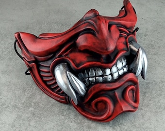 Red Samurai Mask, Traditional Japanese Hannya Mask, Wearable Mask, Kabuki Demon Mask, Oni Mask, half demon mask