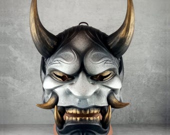 Traditional Japanese Hannya Mask, Gray and Black Samurai