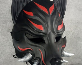 Black Okami Mask, Kitsune Mask, Traditional Japanese Mask