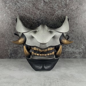Black & Gray Samurai Hannya Mask: Wearable Kabuki Oni Mask, Wall Decor