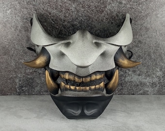 Black & Gray Samurai Hannya Mask: Wearable Kabuki Oni Mask, Wall Decor