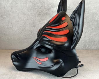能面　OKAMEさま専用 Black Okami Mask, Black Kitsune Mask, Traditional Japanese