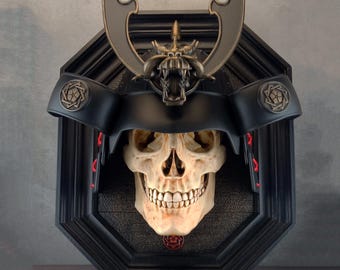 Decorazione murale 3D con teschio di samurai: elmo nero, colore osso naturale