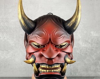 Maschera Cremisi Hannya Oni, Arredamento Demone Samurai Kabuki, Arte murale giapponese indossabile