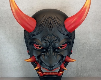 Fire Demon,Black Oni Mask with Red Horns: Wearable Hannya Mask, Japanese Wall Decor