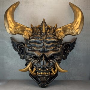 Black & Bronze Oni Mask: Japanese Hannya Demon, Wearable Wall Decor